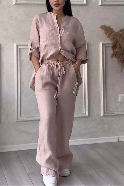 Autumn Cotton And Linen Pant Sets Women Fashion Long Sleeve Shirts Lace Up Pant Two Piece Set Casual Loose Wide Leg Pants Suit