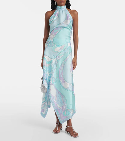 Irregular Satin Printed Sets Halter Neck Lace-up Tank Top Asymmetric Midi Skirt 2 Pieces Set 2026 Summer Casual Vacation Outfits