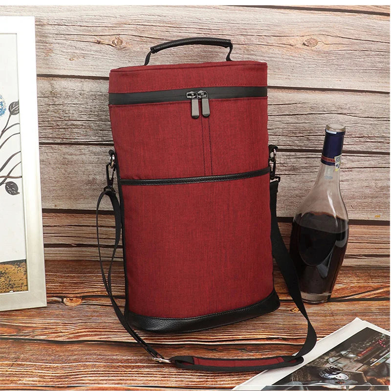 Portable Outdoor Wine Cooler Bag, Holds 2 Bottles 750ml Red Wine Beer, Handheld Insulated Travel Wine Carrier with Glass Storage