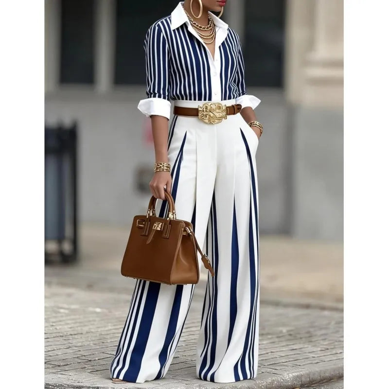 Spring Autumn Fashion Striped Printed Long Sleeve Shirt Women Suit Wide Leg Pocket Pants Female Office 2piece Set Including Belt