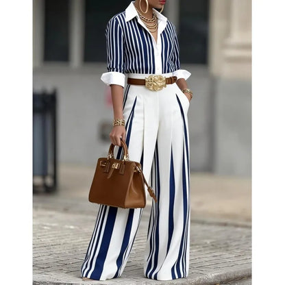 Spring Autumn Fashion Striped Printed Long Sleeve Shirt Women Suit Wide Leg Pocket Pants Female Office 2piece Set Including Belt