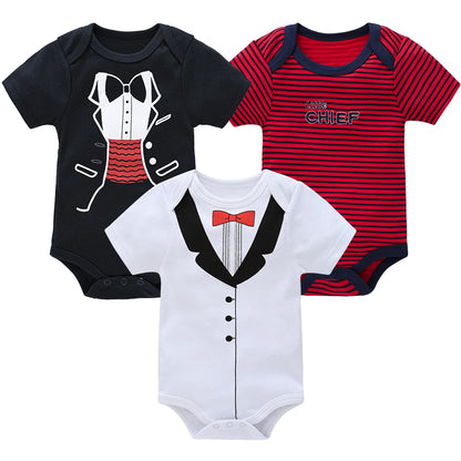 New Baby Boy Clothes Summer 100%Cotton Blue Grey Tie Print Three Piece Short Sleeve Bodysuit Pants Vetements Bebe For 0-12M