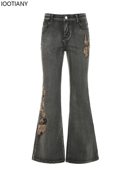 Retro Floral Embroidered Low-rise Flared Jeans Retro Street Low-rise Slim Jeans Harajuku Style Y2k Aesthetic Women's Pants 2025
