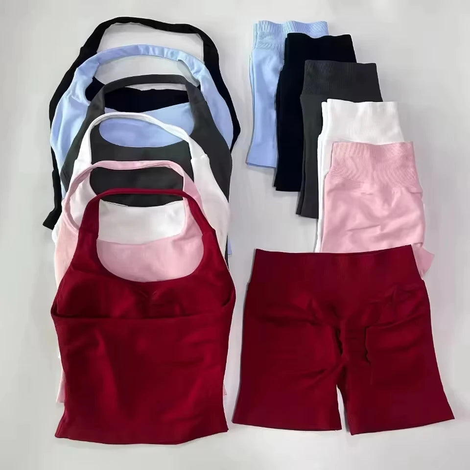 1-2pcs Gym Set Women Backless Tank Tops High Waist Scrunch Seamless Shorts High Waist Yoga Leggings Workout Sets Gym Suit