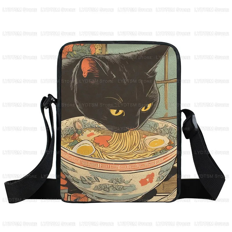 Japanese Black Cat Eating Ramen Print Crossbody Bag Women Shoulder Bag for Travel Phone Wallet Holder Teenager Messenger Bags