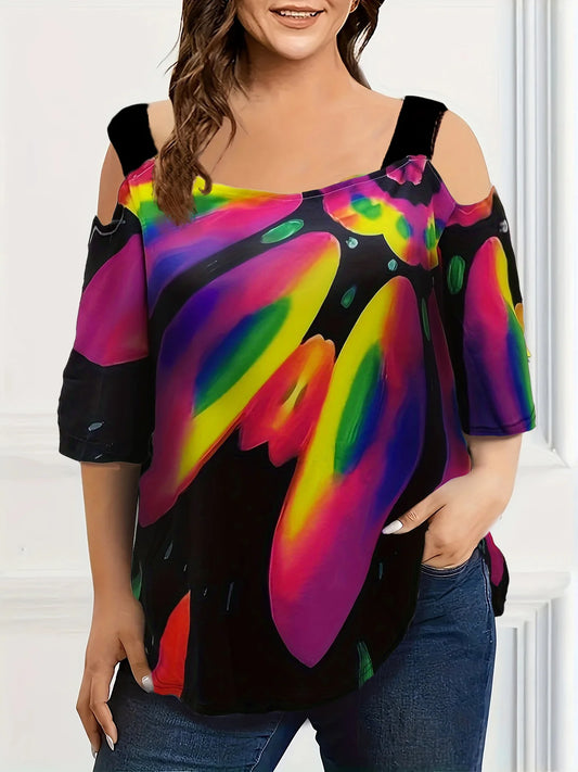 Summer new fashion strap off-the-shoulder multi-color print plus size women's short sleeve t-shirt