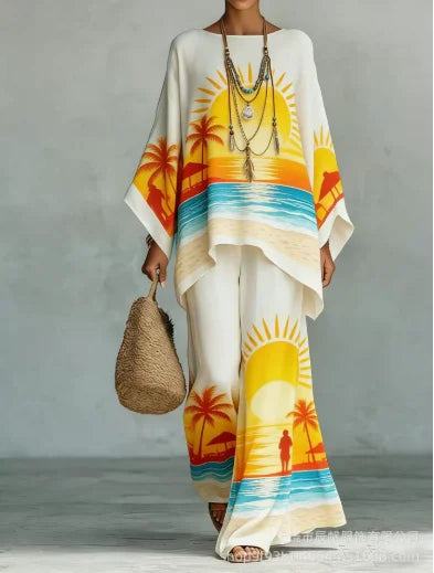 Boho Two Piece Set Summer Women's Loose Patchwork Wide Leg Pants Set Fashion O Neck Pullover Top 2-piece Set Outfit Streetwear
