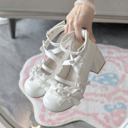 Lolita Mary Jane Shoes  New Women's Cute Bow High Heels Princess Heeled Single Shoes Spring Autumn Leather Pumps
