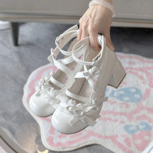 Lolita Mary Jane Shoes  New Women's Cute Bow High Heels Princess Heeled Single Shoes Spring Autumn Leather Pumps