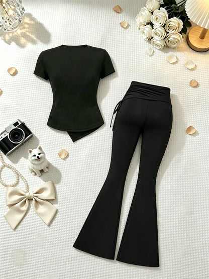 2 Pcs Women Crew Neck Side Ruched Split Hem Short Sleeve Tee High Waist Fold Over Side Drawstring Flared Pants Set Solid Black S