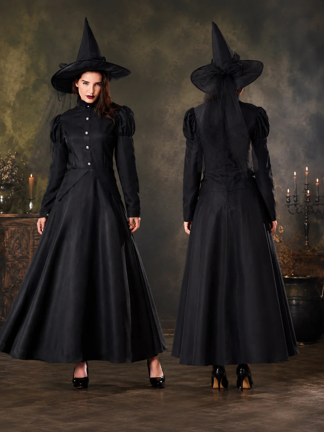Family Matching Witch Costume for Women Girls, Classic Black Long Gown with Pointed Hat, Halloween Carnival Theme Party Cosplay Fancy Dress‑up