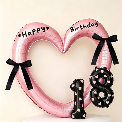 7Pcs 16inch Black Number Hollow-Out Heart Balloons and Heart Stickers Set, Includes 2 Number Balloons, 2 Stickers, 1 Glue Stick, 2 25cm Ribbons, for Birthday Parties, Wedding Anniversary Celebrations, Holiday Decorations