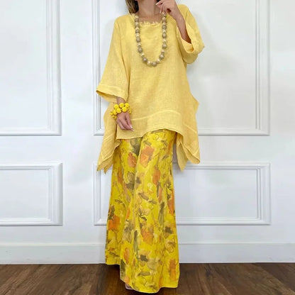 Women Spring Summer O Neck Pullover Irregular Top Wide Leg Pants Two Pieces Set Holiday Print Patchwork Loose Outfit Streetwear