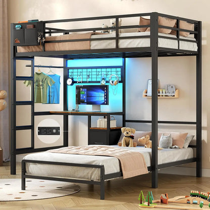 Twin Over Twin Bunk Bed,Built-in Desk & Charging Station & LED Lights with Storage Drawers,Bedroom Furniture, Custom