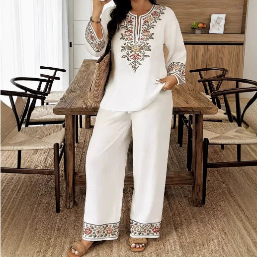 Two Piece Set Women Outfit 2026 Spring Autumn New Floral Print Round Neck Long Sleeve Loose Top & High Waist Casual Pants Set