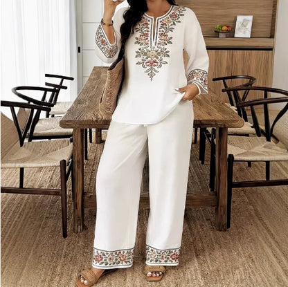 Two Piece Set Women Outfit 2026 Spring Autumn New Floral Print Round Neck Long Sleeve Loose Top & High Waist Casual Pants Set