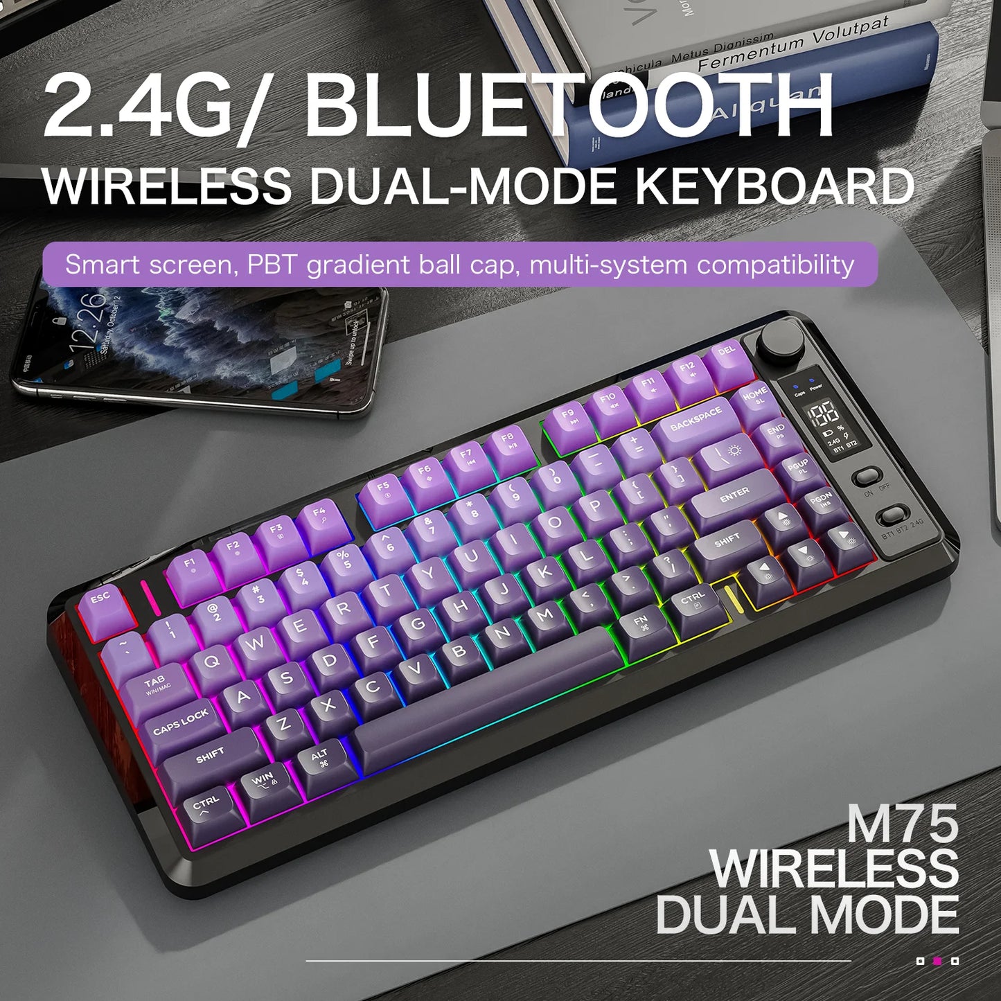 FREEWOLF M75 Wireless Keyboard, Bluetooth Dual-mode, PBT Gradient Ball Cap, With Display Screen, Gaming Keyboard