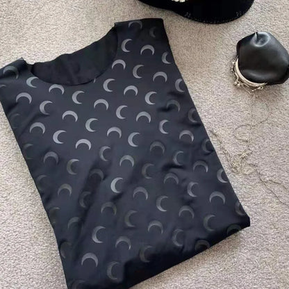 Sweet Two Piece Set Women American Retro Layered Outfit Long Sleeve Moon Print Top Ice Silk Pants Sexy Casual Autumn Fashion
