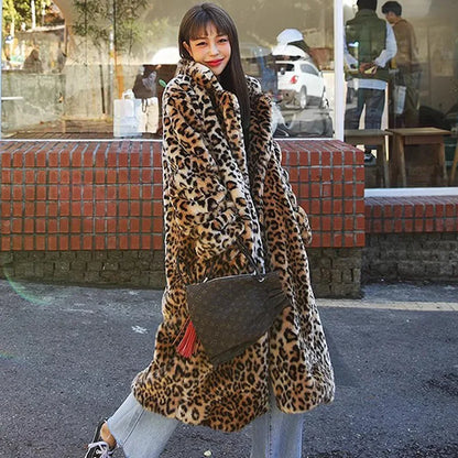 2026 New Women Leopard Print Faux Fur Coat Long Sleeve Fluffy Winter Warm Plush Overcoat