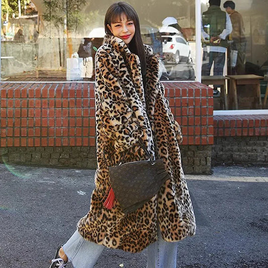 2026 New Women Leopard Print Faux Fur Coat Long Sleeve Fluffy Winter Warm Plush Overcoat