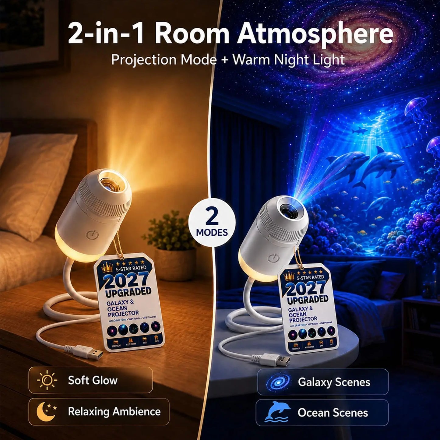2027 Upgraded Hd Smart Dynamic 5d Holographic Night Light Projector, Plug and Play Hd Star Projector, 360° Adjustable Hd Galaxy