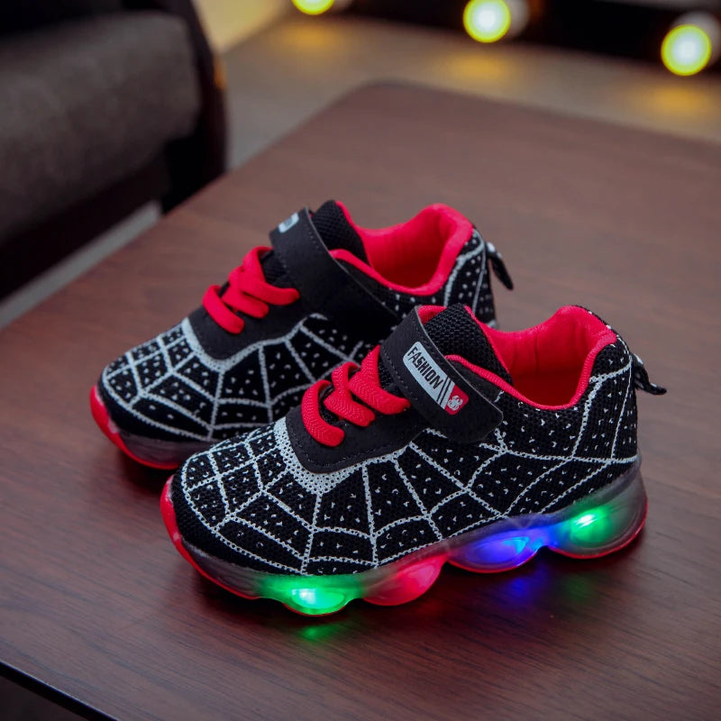 Mgo Kidss New Spring and Autumn Models, Sizes 21-36, Children's Shoes, Kids' Light-Up Shoes, Boys' and Girls' Running Shoes, Baby Flashing Shoes, Led Light-Up Sneakers, Mesh Spider Web Design, Suitable for Children Aged 1-3-6