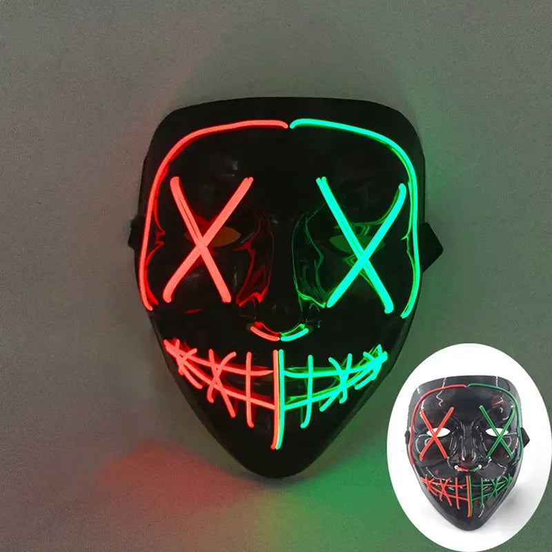 Wireless LED Neon Purge Mask & Fiber Optic Gloves, Scary Glow In Dark Mask for Halloween Carnival Cosplay Bar Birthday Party