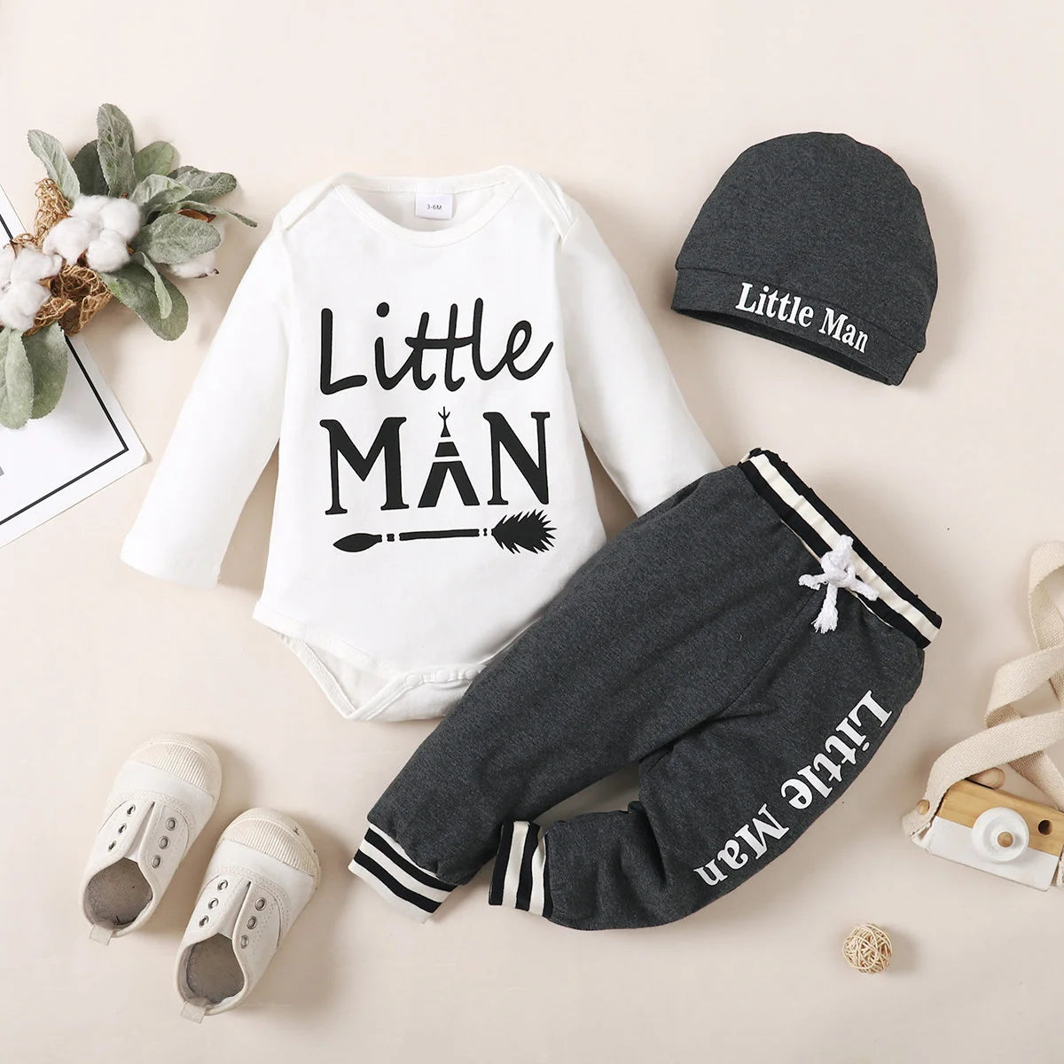 Winter 0-1 Years Old Infant Baby Boys Long  Sleeved  Letter Printing   Romper  Sports  Pants  3-Piece  Set  With  Hat