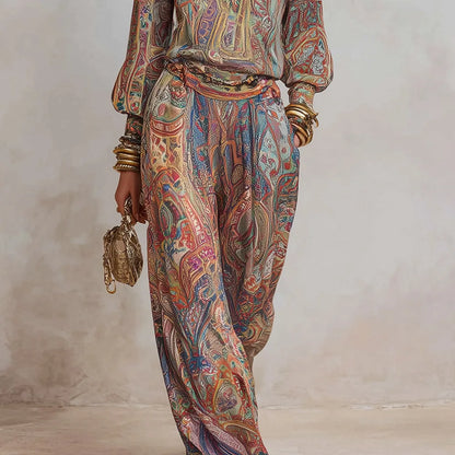 Boho Paisley Print Two-Piece Set for Women Sexy V-Neck Long Sleeve Blouse Top & Wide Leg Pants Casual Loose Suit for Vacation