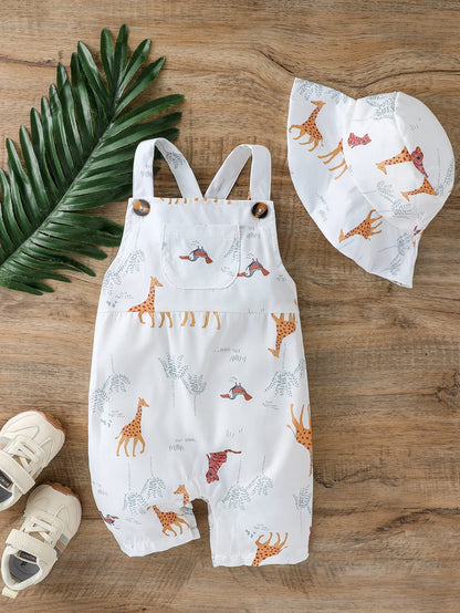 2Pcs Baby Boys Summer Sleeveles Jumpsuit Cartoon Animal For 1-3Y Bobysuit Clothing Casual Fashion overalls Clothes +Hat