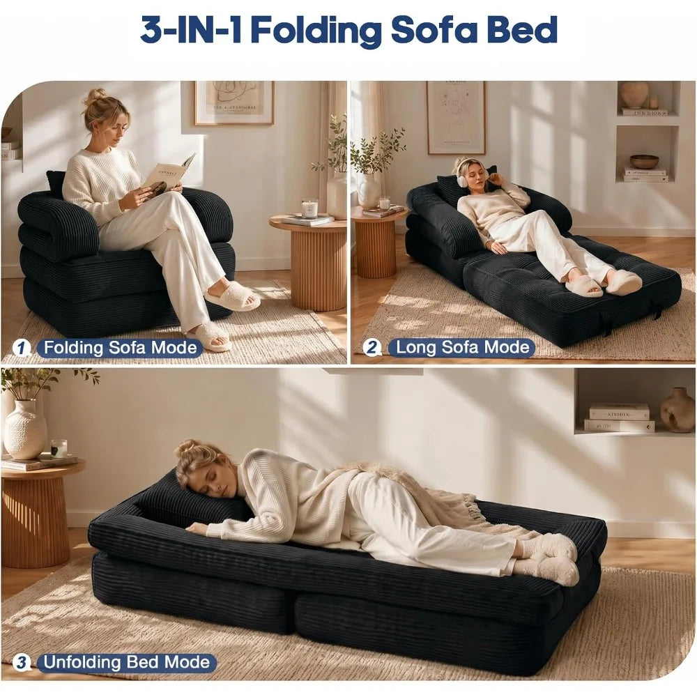 Convertible Sleeper Chair Folding Sofa Bed 3-in-1 Corduroy Futon Couch with Pillow