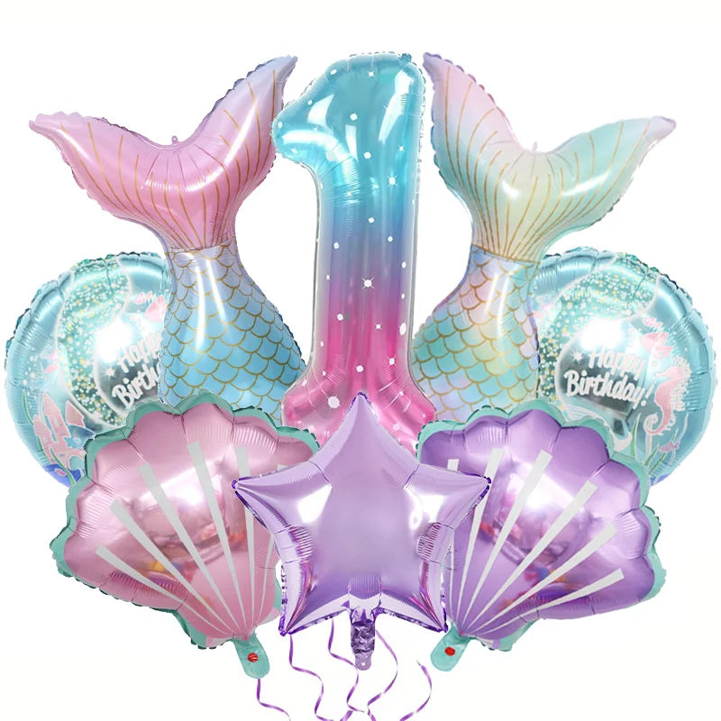 8pcs Mermaid Balloons set Shell Mermaid Foil Balloons 32inch Number Balloon 1-9 for Kids Girls 1-9th Birthday Party Decoration
