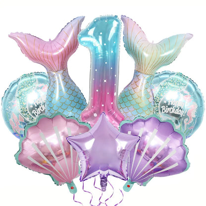 8pcs Mermaid Balloons set Shell Mermaid Foil Balloons 32inch Number Balloon 1-9 for Kids Girls 1-9th Birthday Party Decoration