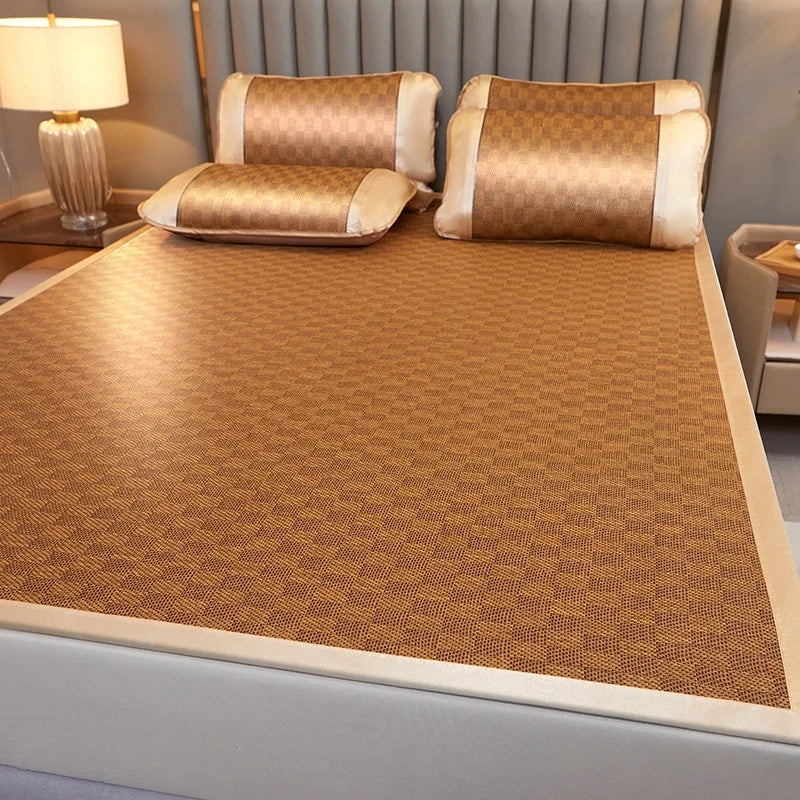 Summer Cool Rattan Mat Sets Natural Plant Fiber Ice Mats with Pillowcase Foldable Non-Slip Breathable Cooling Mattress Cover