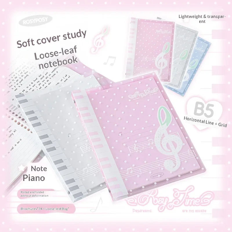 New Rosyposy Melody Loose Leaf Notebook Soft Cover B5 Ruled Grid Polka Dot Music Note For Office School Study Stationery