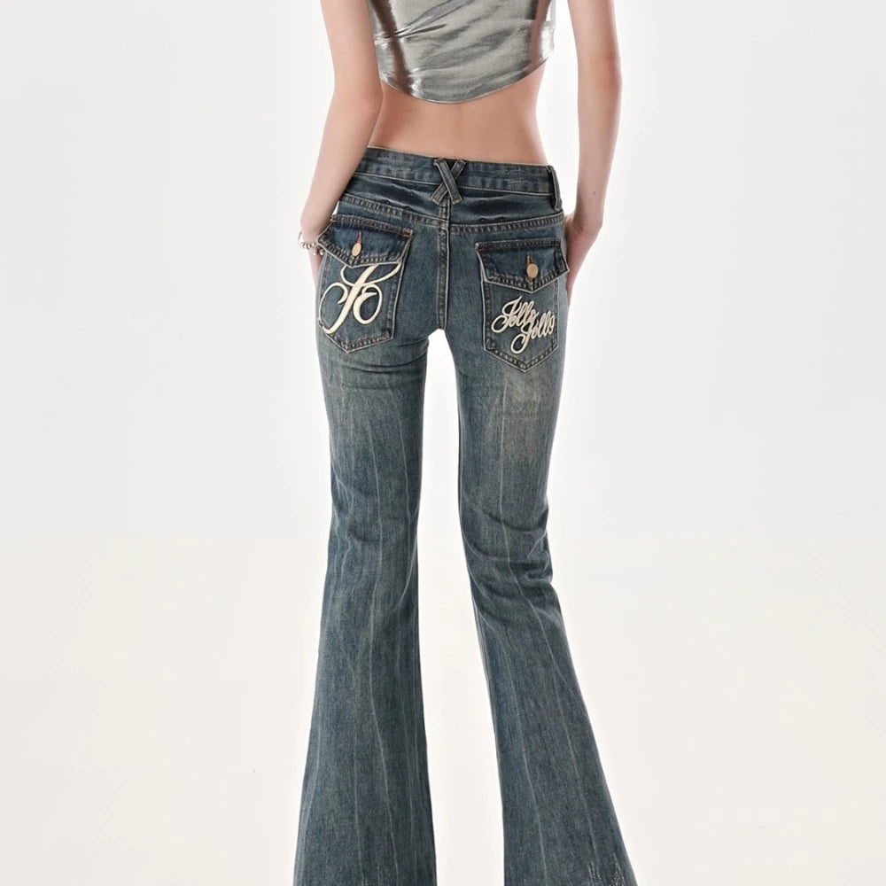 American High Street Spicy Girls Low Waist Jeans Women Autumn Vintage Y2k Design Sense Slim Fit Straight Tube Micro Flare Pants