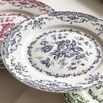 Dinner Set Retro Nordic Flower Pattern Disc Round Ceramic Dinner Plate Exquisite Light Luxury Shallow Plate Hotel