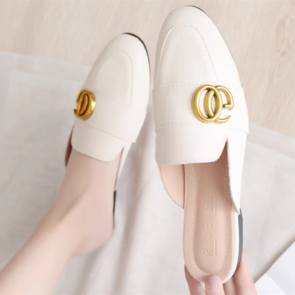 Lady Gold Metal Slides Round Toe Microfiber Soft Bottom For Tender Feet Wide Fits Beige Pink Fashionable Shoes For Summer 44-33