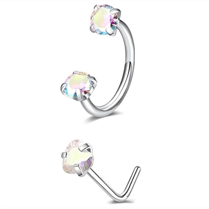 6/2pcs Horseshoe Nose Rings With L-Shape Nose Stud, Stainless Steel Rianbow CZ Nose Ring,, Lip Eyebrow Helix Ear Piercing
