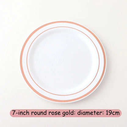 New Multi piece Set - Gold Platter Set, Plastic Tableware, Gold Edge Plate, Knife, Fork, Spoon, Party Wedding Set, Dessert Plate