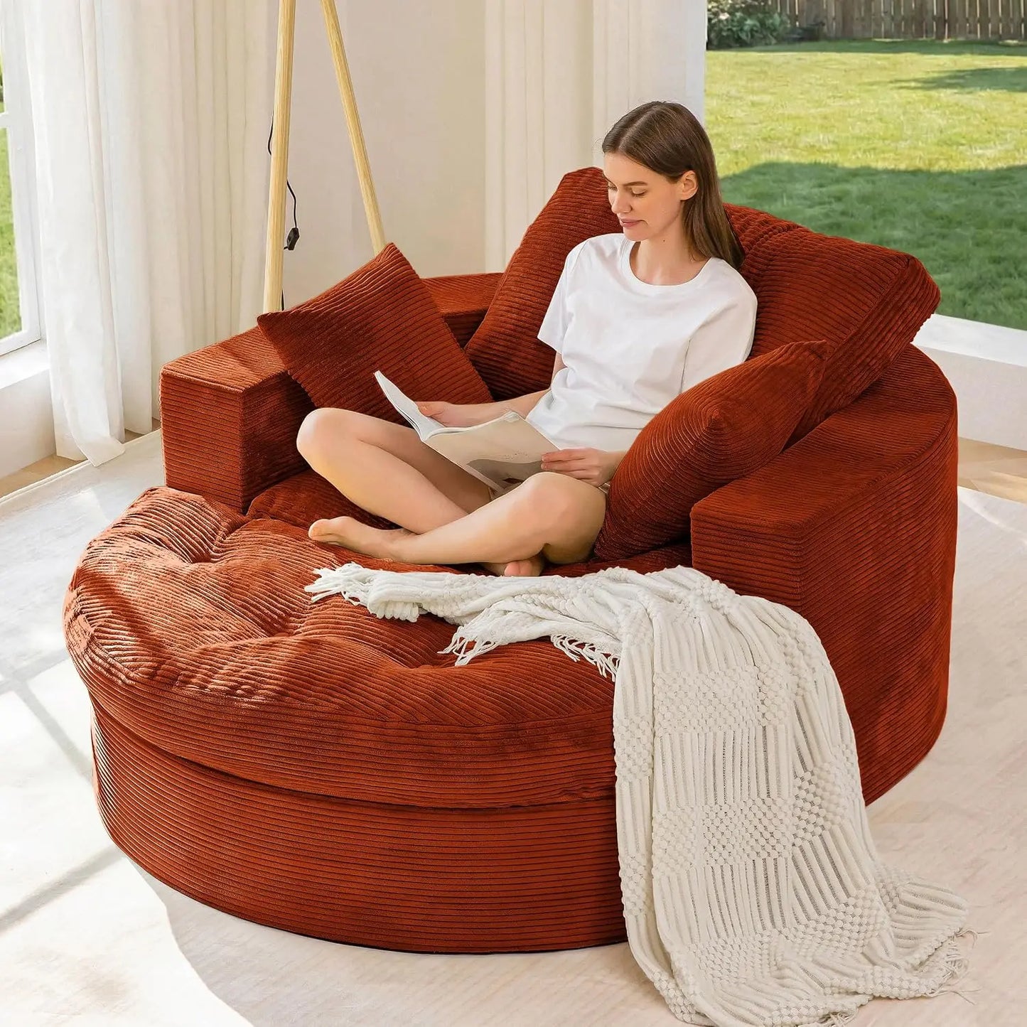 Oversized Round Chaise Lounge Sofa, Boneless Chair with Ottoman | Beige Upholstered Reading Chair Has a Deep Seat and 3, Custom