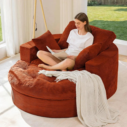 Oversized Round Chaise Lounge Sofa, Boneless Chair with Ottoman | Beige Upholstered Reading Chair Has a Deep Seat and 3, Custom