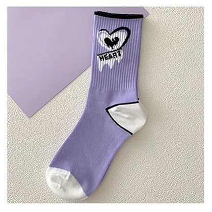 Kawaii Love Print Socks Purple Women Socks Female High Beauty In Spring Summer Fried Street Middle Tube Socks Harajuku Medias