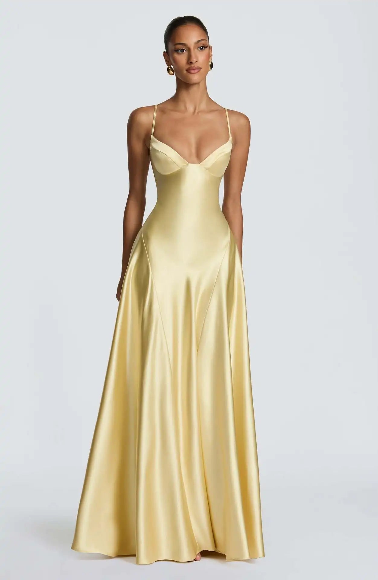 Solid Color Satin Bustier Women Maxi Dress Fashion Yellow Spaghetti Strap V Neck Waist-cinching Dresses 2026 New Party Vestidos