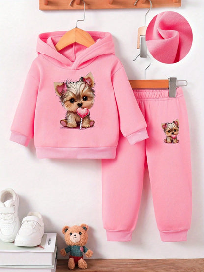 A cute dog pattern printed fleece hoodie and pants set for baby girls in autumn and winter for newborns