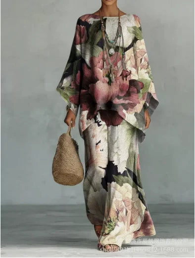 Boho Two Piece Set Summer Women's Loose Patchwork Wide Leg Pants Set Fashion O Neck Pullover Top 2-piece Set Outfit Streetwear