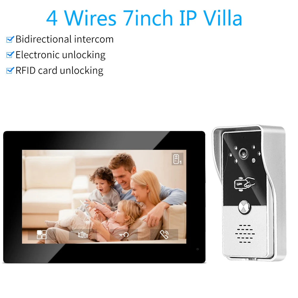 4 Wired Video Intercom System RFID Unlock Camera Doorbell with 7 Inch Screen Night Vision Home Door Bell for Villa M72T