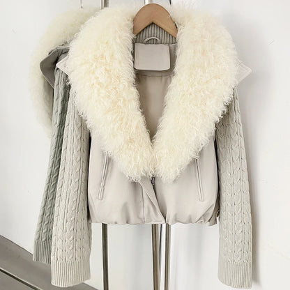 OFTBUY Women Winter Real Lamb Wool Fur Collar 90 White Duck Down Jacket Cable Knit Sleeve Zipper Drawstring Cropped Coat