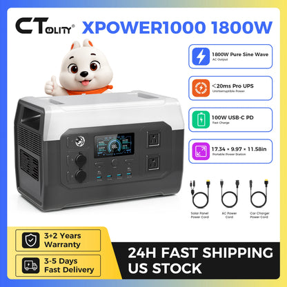 CTOLITY XP1000 1800W Portable Power Station 1024Wh LiFePO4 Continuous, 3600W Surge UPS Solar Generator, 1 Hour Super Fast Charge, for Home Backup, Camping & Hurricane Emergency