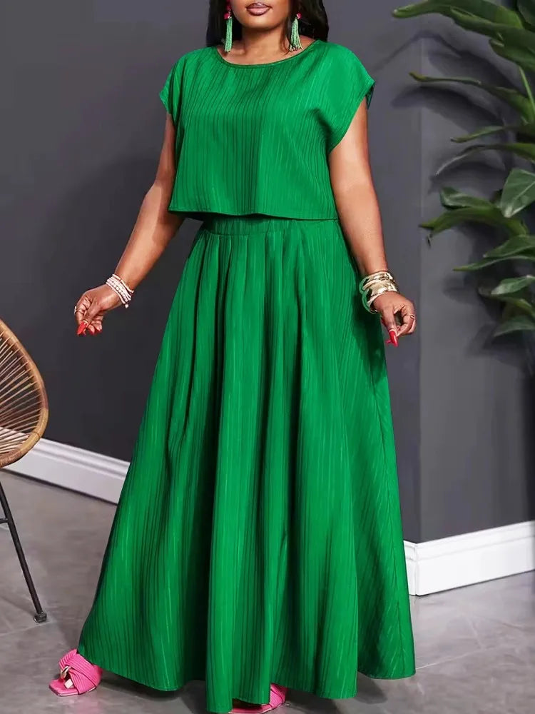 L-4XL Plus Size Women's Clothing 2 Piece Sets New Arrival Matching Two Pieces Sets Green Top And Skirt Suits Outfits Clothing